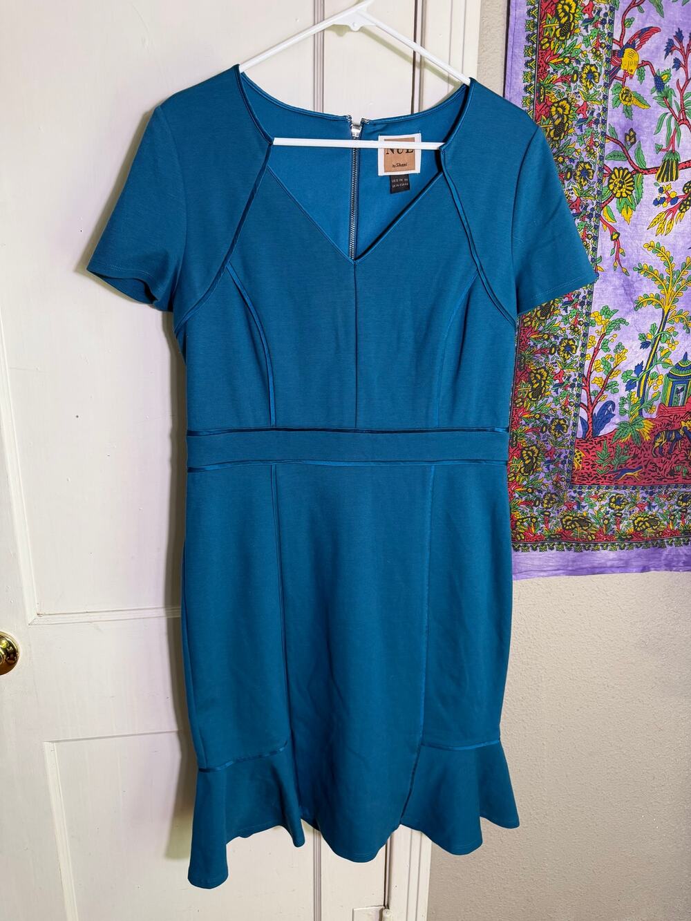 NUE by Shani Dress Womens 12 Teal Blue Fit Flare Flounce Hem Sheath Career